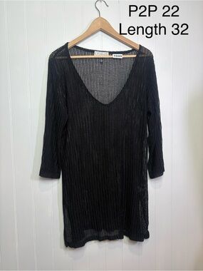Niki Black Open Knit Tunic Sweater Boho Beach Cover Up Oversized L/XL